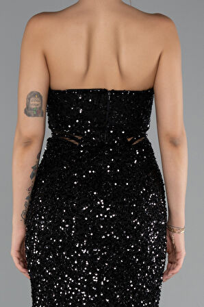 Straplez Bacak Yırtmaçlı Uzun Pul Payet Abiye ABU5185