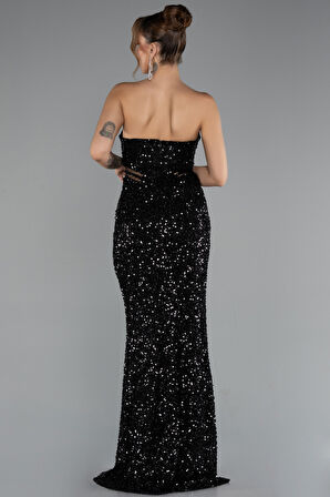 Straplez Bacak Yırtmaçlı Uzun Pul Payet Abiye ABU5185