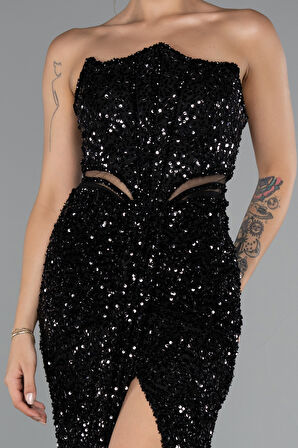 Straplez Bacak Yırtmaçlı Uzun Pul Payet Abiye ABU5185