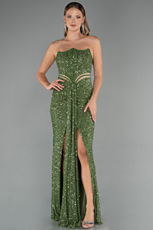 Straplez Bacak Dekolteli Uzun Pul Payet Abiye ABU5185