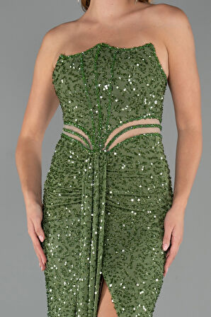 Straplez Bacak Dekolteli Uzun Pul Payet Abiye ABU5185