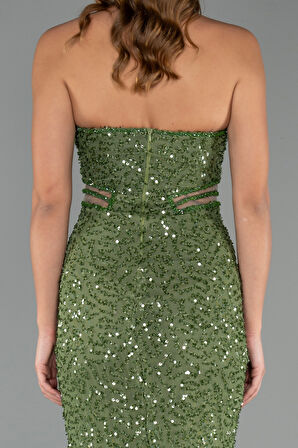 Straplez Bacak Dekolteli Uzun Pul Payet Abiye ABU5185