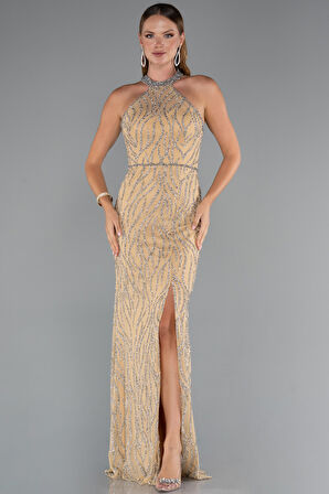 Halter Yaka Bacak Dekolteli Uzun Simli Abiye ABU5213