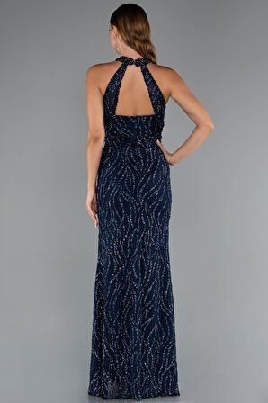 Halter Yaka Bacak Dekolteli Uzun Simli Abiye ABU5213