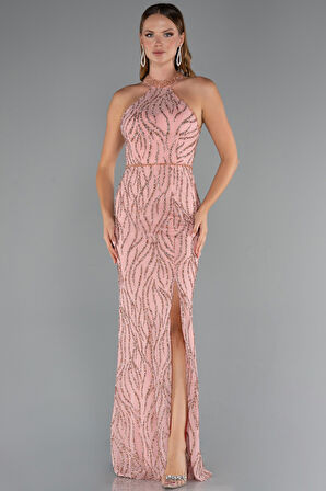 Halter Yaka Bacak Dekolteli Uzun Simli Abiye ABU5213