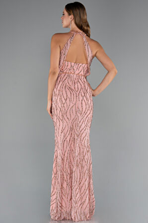 Halter Yaka Bacak Dekolteli Uzun Simli Abiye ABU5213