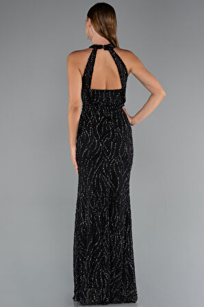 Halter Yaka Bacak Dekolteli Uzun Simli Abiye ABU5213