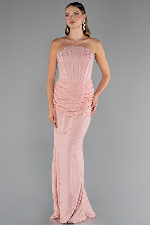 Taşlı Straplez Eldivenli Uzun Dantel Balık Abiye ABU5215