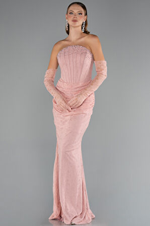 Taşlı Straplez Eldivenli Uzun Dantel Balık Abiye ABU5215