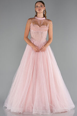 Taşlı Yaka Aksesuarlı Uzun Simli Nişanlık ABU5220