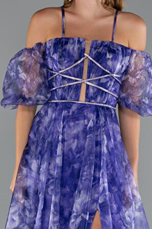 Bacak Dekolteli Balon Kol Uzun Desenli Abiye ABU5221