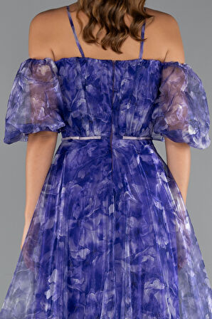 Bacak Dekolteli Balon Kol Uzun Desenli Abiye ABU5221