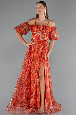 Bacak Dekolteli Balon Kol Uzun Desenli Abiye ABU5221