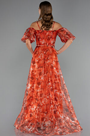 Bacak Dekolteli Balon Kol Uzun Desenli Abiye ABU5221