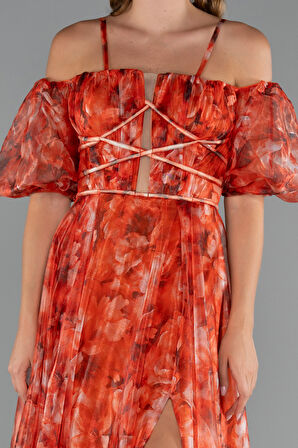 Bacak Dekolteli Balon Kol Uzun Desenli Abiye ABU5221