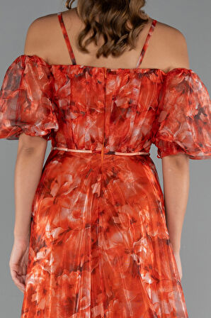 Bacak Dekolteli Balon Kol Uzun Desenli Abiye ABU5221