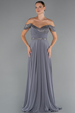 Pullu Kayık Yaka Uzun Şifon Abiye Elbise ABU5225