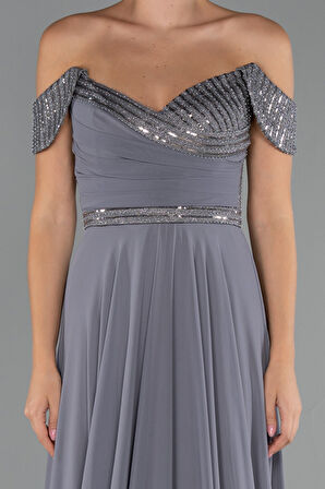 Pullu Kayık Yaka Uzun Şifon Abiye Elbise ABU5225