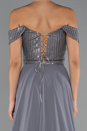 Pullu Kayık Yaka Uzun Şifon Abiye Elbise ABU5225