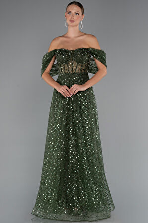 Kayık Yaka Saten Peplum Kesim Uzun Şifon Abiye ABU5226