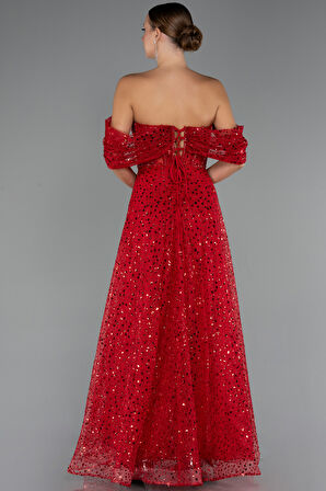 Kayık Yaka Saten Peplum Kesim Uzun Şifon Abiye ABU5226