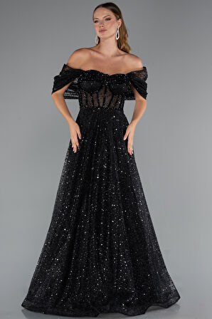 Kayık Yaka Saten Peplum Kesim Uzun Şifon Abiye ABU5226