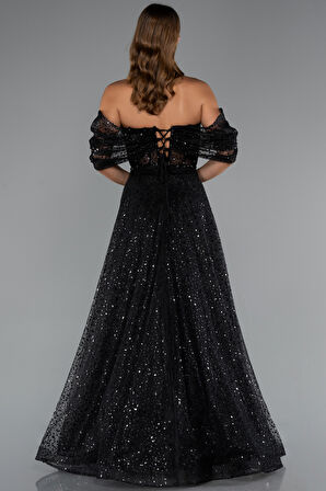 Kayık Yaka Saten Peplum Kesim Uzun Şifon Abiye ABU5226