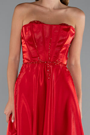 Taşlı Straplez Yaka Uzun Tafta Abiye ABU5228