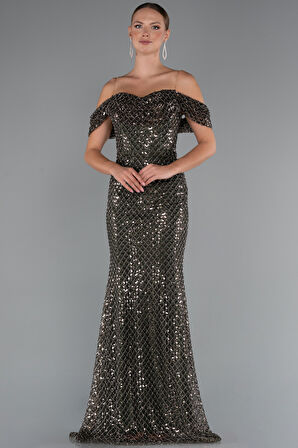 Kayık Yaka Taşlı Uzun Balık Abiye Elbise ABU5239