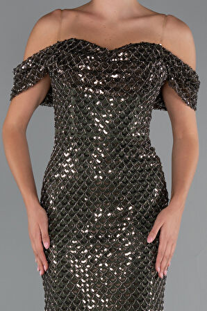 Kayık Yaka Taşlı Uzun Balık Abiye Elbise ABU5239