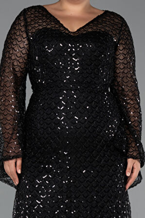 Uzun Kol V Yaka Boncuklu Büyük Beden Abiye ABU5243