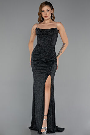 Göğüs Drapeli Bacak Dekolteli Uzun Simli Abiye ABU5245