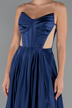 Straplez Yırtmaçlı Cut Out Uzun Saten Abiye ABU5246