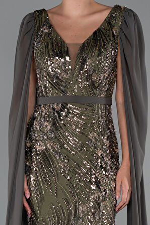 Uzun Şal Kol Boncuklu Yırtmaçlı Abiye Elbise ABU5248