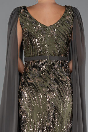 Uzun Şal Kol Boncuklu Yırtmaçlı Abiye Elbise ABU5248