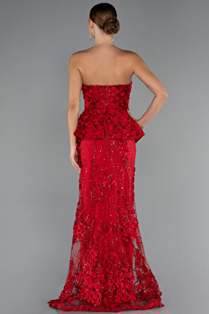 Straplez 3D Çiçek İşlemeli Peplum Uzun Abiye ABU5249