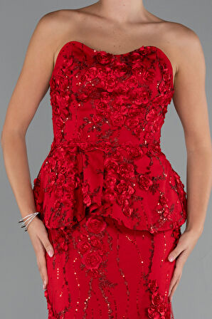 Straplez 3D Çiçek İşlemeli Peplum Uzun Abiye ABU5249