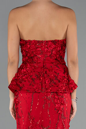 Straplez 3D Çiçek İşlemeli Peplum Uzun Abiye ABU5249