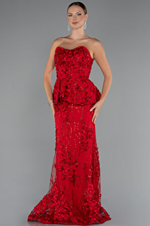 Straplez 3D Çiçek İşlemeli Peplum Uzun Abiye ABU5249