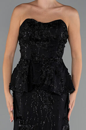 Straplez 3D Çiçek İşlemeli Peplum Uzun Abiye ABU5249