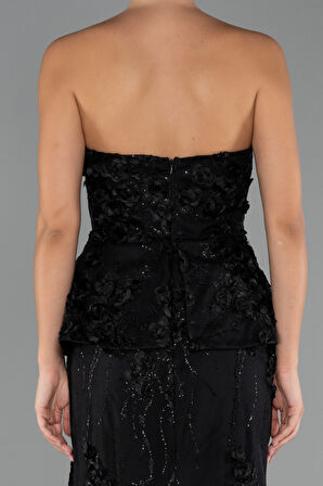 Straplez 3D Çiçek İşlemeli Peplum Uzun Abiye ABU5249
