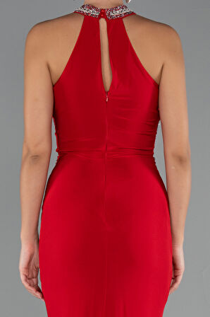 Halter Yaka Bacak Dekolteli Uzun Abiye Elbise ABU5258