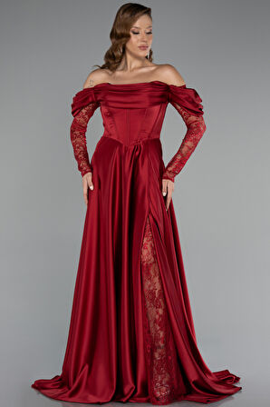 Dantel Uzun Kol Kayık Yaka Saten Büyük Beden Abiye ABU5261