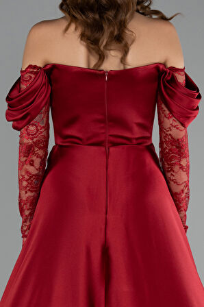 Dantel Uzun Kol Kayık Yaka Saten Büyük Beden Abiye ABU5261