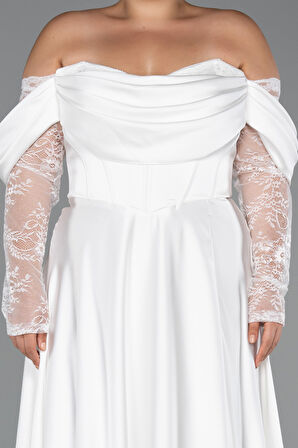 Dantel Uzun Kol Kayık Yaka Saten Büyük Beden Abiye ABU5261