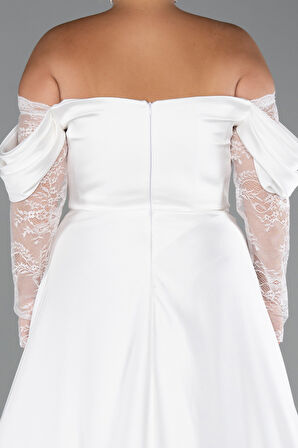 Dantel Uzun Kol Kayık Yaka Saten Büyük Beden Abiye ABU5261