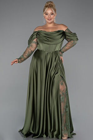 Dantel Uzun Kol Kayık Yaka Saten Büyük Beden Abiye ABU5261