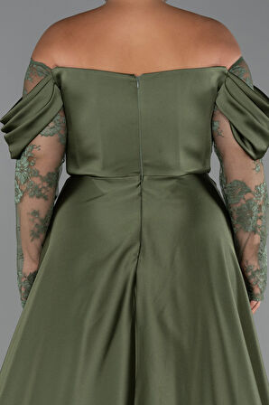 Dantel Uzun Kol Kayık Yaka Saten Büyük Beden Abiye ABU5261