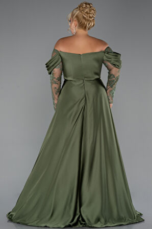 Dantel Uzun Kol Kayık Yaka Saten Büyük Beden Abiye ABU5261