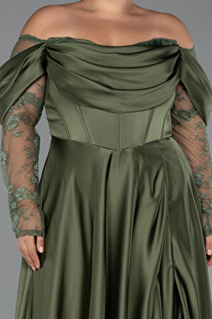 Dantel Uzun Kol Kayık Yaka Saten Büyük Beden Abiye ABU5261